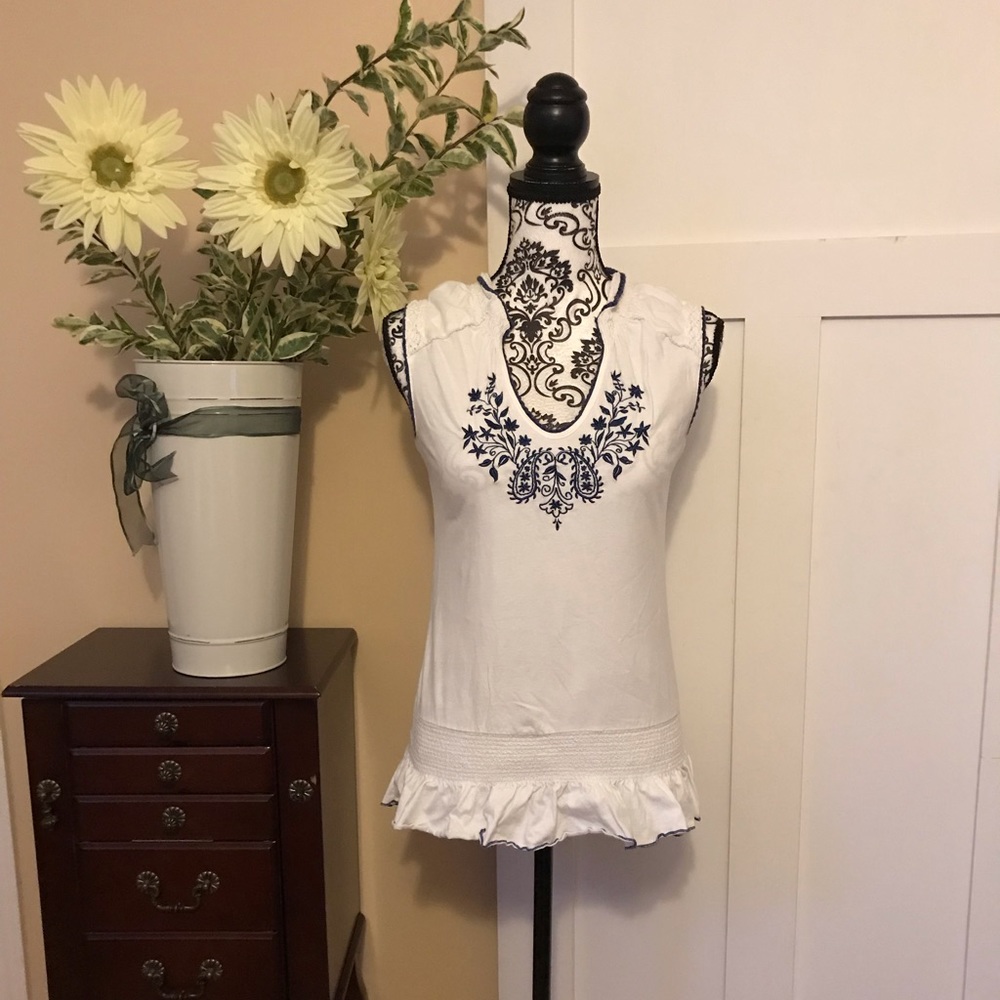 Embroidered Navy & White Tank